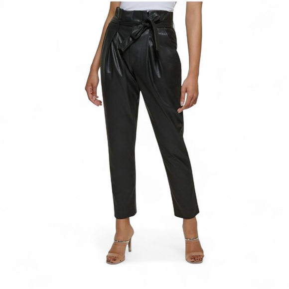 Dkny Pants - NWT DKNY Black Faux Leather High Waisted Tie Belt Tapered Ankle Pants Size 2